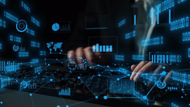 This dynamic image captures a modern workspace where hands type on a keyboard, overlaid with digital analytics, graphs, and data visualization elements illustrating technology-driven insights. Xenic