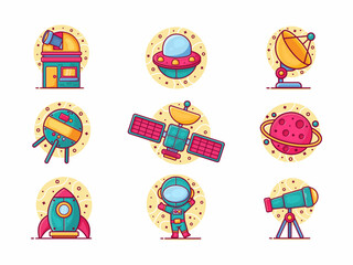 Naklejka premium Space Exploration Icons Set. Cute Cartoon Astronomy and Sci-Fi Illustration Collection