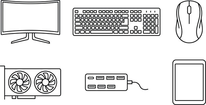 Computer peripherals and hardware outline icons set featuring monitor keyboard mouse graphics card hub and tablet