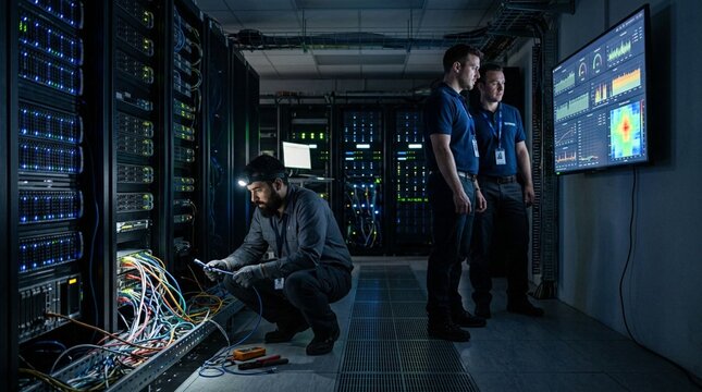 Three IT technicians in a dim server room, one crouching to inspect a cable tray while another studies a wall-mounted monitor