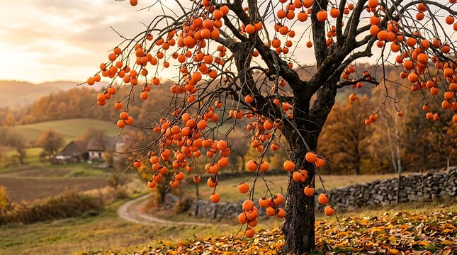The persimmon tree is heavily laden with ripe fruit