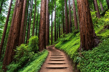 Obraz premium Forest trail with wooden steps through a green redwood nature path in wilderness