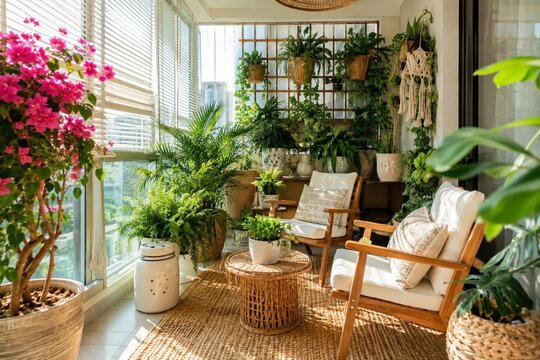 Cozy indoor garden with houseplants in bright sunlit living room