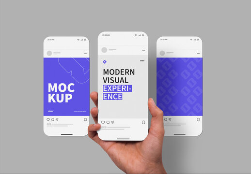 Hand Holding Mobile Phone Social Media Post Mockup Set