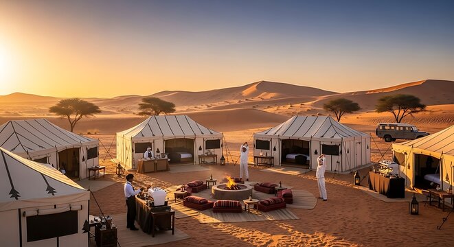 Traditional desert resort with outdoor seating and white tents.