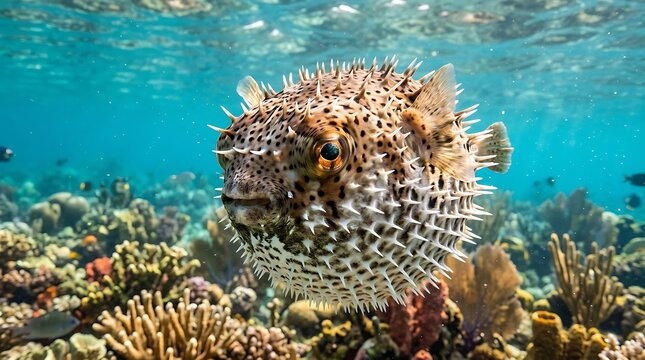 A pufferfish inflates in the seawater during the day