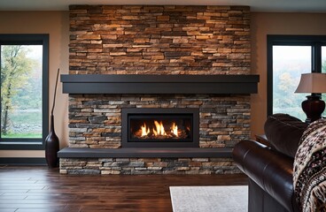 Obraz premium Fireplace in a modern living room interior with stone wall design and home decor