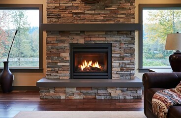 Obraz premium Fireplace in a cozy modern living room interior with warm stone and hardwood home