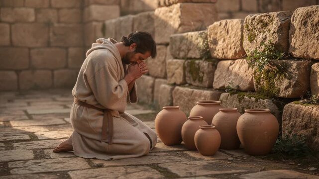 Man in ancient robe praying beside clay pots on stone floor near old mossy wall in historical setting