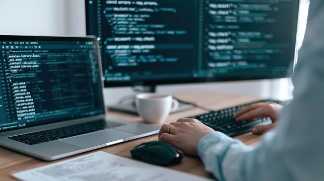 Programmer hands typing code on a laptop for professional software development work