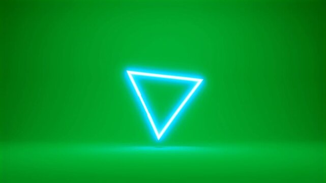Glowing neon blue triangle frame floating centered against solid green background HD video for video editing
