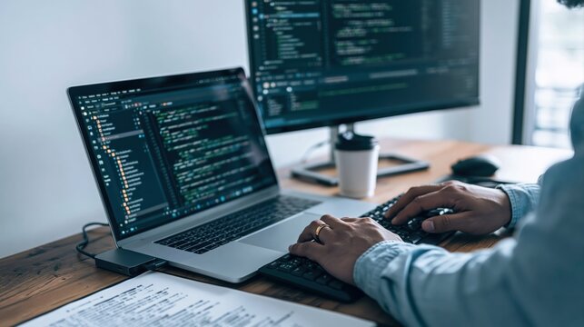 Programmer typing on a laptop with a monitor for software development and coding