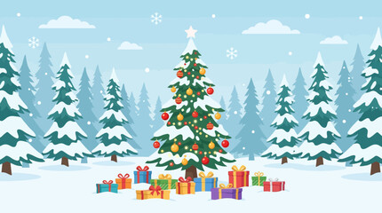 Fototapeta premium Christmas tree decorated with colorful ornaments stands in a snowy forest surrounded by wrapped gift boxes.