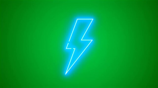Bright neon lightning bolt icon glowing against green screen HD video for video editing