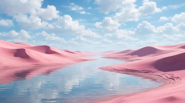Surreal desert landscape with soft pink sand dunes and a calm reflective water stream under a bright blue sky with fluffy white clouds