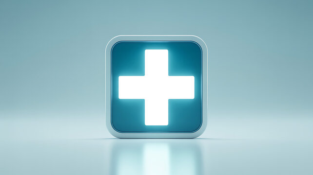 A glowing blue square icon with a white plus sign is displayed against a soft background.