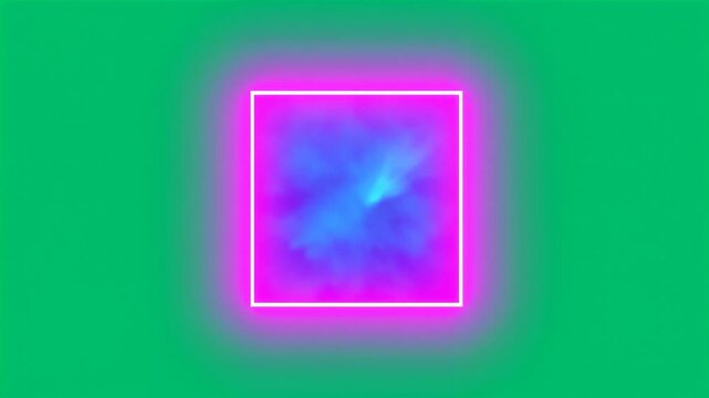 Abstract glowing pink neon square frame with blue smoke effect on green background HD video for video editing
