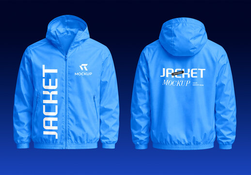 Blue Hooded Windbreaker Jacket Mockup Front and Back View