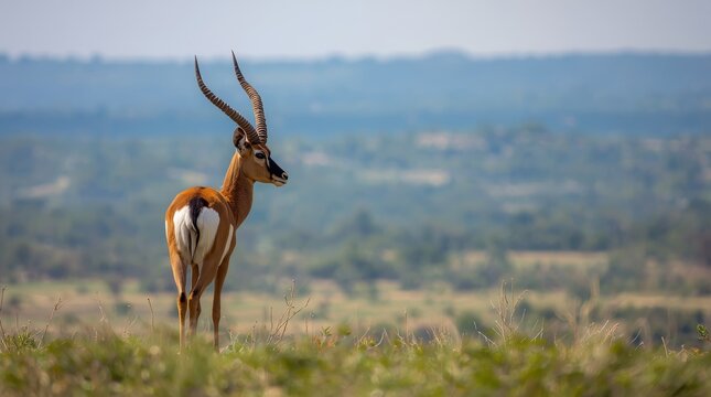 Majestic Male Impala Antelope Standing on a Grassy Hill with Scenic African Savannah Background