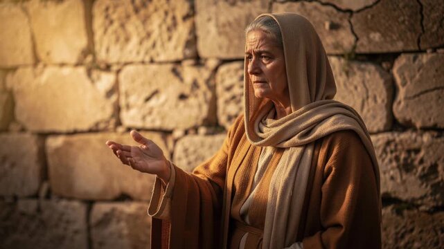 Elderly woman wearing traditional robe and headscarf standing by ancient stone wall with thoughtful expression