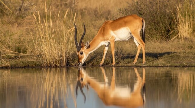 Male Impala Antelope Drinking Water with Perfect Reflection in African Savanna at Golden Hour