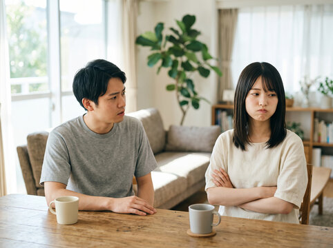 リビングで不満げな表情で腕を組む女性
