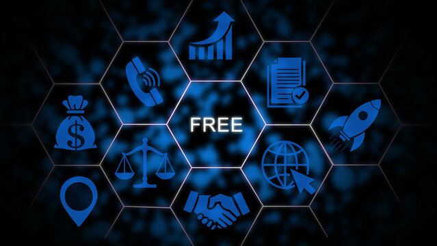 Digital interface with a central free text surrounded by blue business including a rocket, handshake, scales of justice, and money bag on a dark glowing hexagonal grid background concept