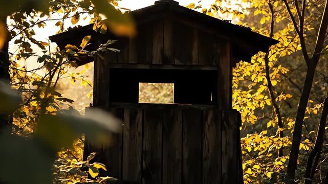 Golden autumn sunlight shines through leafy tree branches around an old wooden hunting blind elevated structure standing quietly inside dense wild woodland scenery during peaceful bright morning