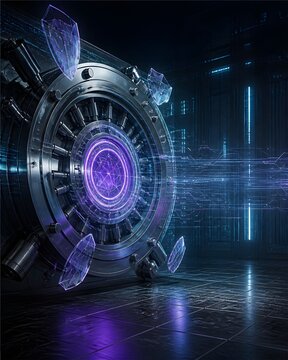 Futuristic bank vault with digital security shield and purple light energy.