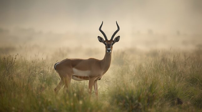 Majestic Male Impala Antelope Standing in the Golden Misty African Savanna at Dawn, Wildlife Photography