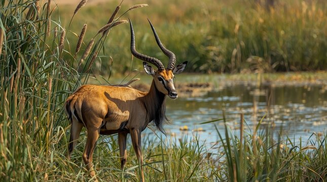 Majestic Male Red Lechwe Antelope Standing in a Wetland Marsh Near Water with Reeds and Sunlight
