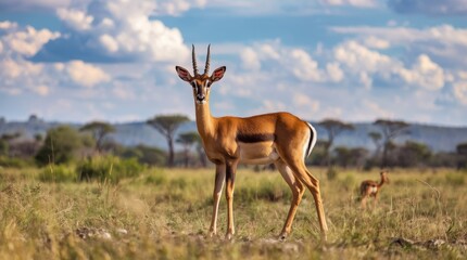 Fototapeta premium Beautiful Impala Antelope Standing in the African Savanna Grassland Under a Blue Sky