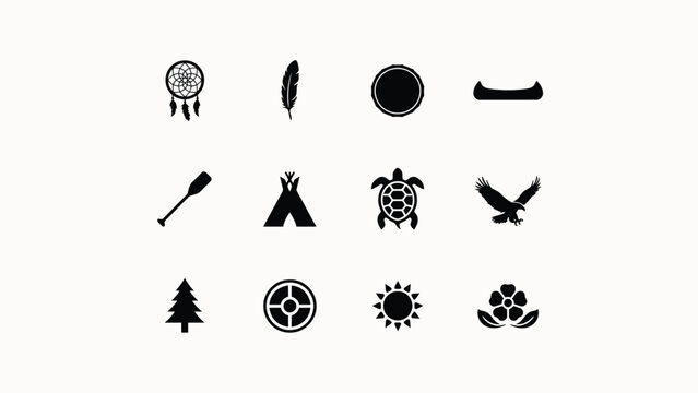 Black and white minimalist symbols of indigenous cultural heritage with representing traditional cultural collection twelve minimalist high contrast collection