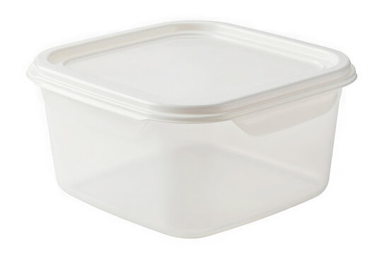 Square empty plastic food storage container with lid on transparent surface.