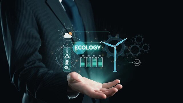 A businessman presents digital eco-friendly symbols related to renewable energy, showcasing a wind turbine, batteries, cloud, and carbon footprint in a dark setting. Qubit
