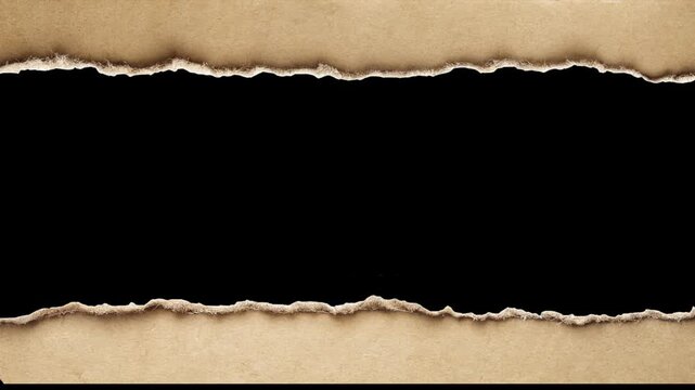 Ripped sheet of paper transition from right to left on alpha channel. Animated torn paper frame on black background with empty copy space for messages in Apple ProRes 422