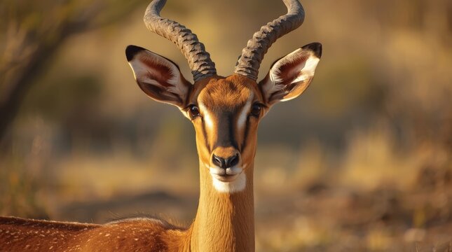 Majestic Male Impala Antelope with Spiral Horns in African Savannah Wilderness During Golden Hour