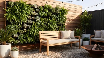 Fototapeta premium Bench sits in front of a lush vertical garden wall on a patio area designed for outdoor relaxation.
