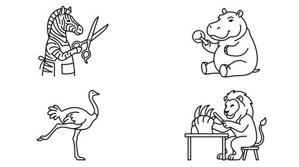 Obraz premium Safari animals performing human activities in line art