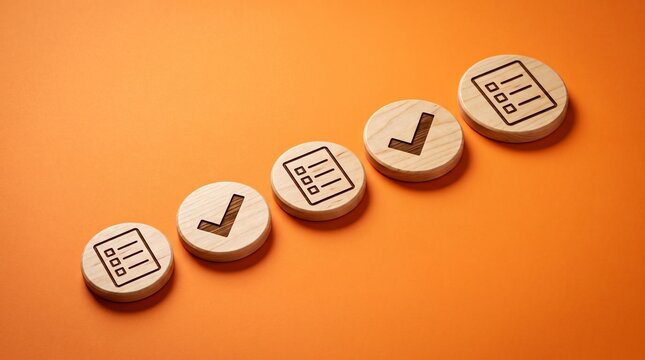 Checklist Progress: A series of wooden discs arranged diagonally on an orange background show a progressive checklist, indicating completed tasks and forward momentum towards a goal.