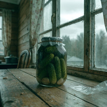 large glass jar of Russian salted cucumbers, dark green cucumbers packed with dill fronds and garlic cloves visible through glass, sitting on wooden dacha kitchen windowsill
