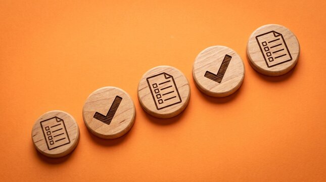 Checklist Progression: A series of wooden circles with checklist icons and checkmarks ascend diagonally, symbolizing progress and task completion against a vibrant orange background.