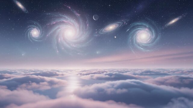 Surreal cosmic landscape with glowing galaxies and stars above soft clouds at twilight