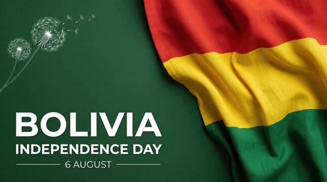 Bolivia independence day featuring a draped tricolor flag with red yellow and green stripes alongside white dandelion seed heads on a dark green background with white text 6 august