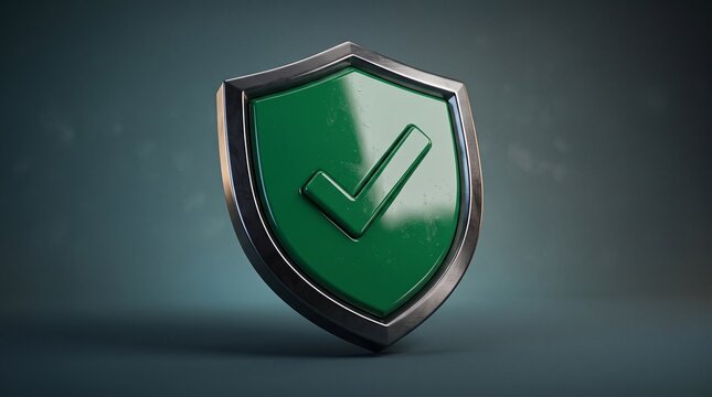 Green Shield with Check Mark: A metallic green shield with a check mark, representing security, safety, and successful verification, stands against a textured blue background.