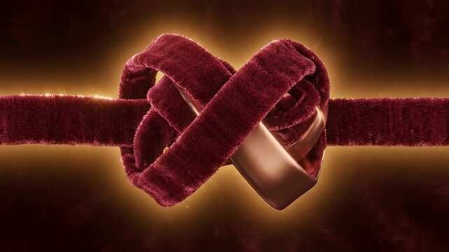 A fuzzy red ribbon forms a knot around a rose gold band
