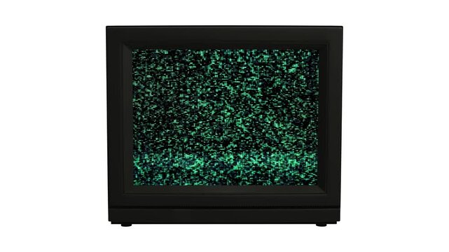 Retro television screen displaying glowing green static noise on isolated white background, vintage TV monitor with signal interference