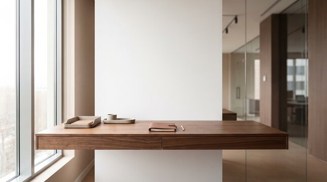 Minimalist Modern Office Workspace With Floating Walnut Wooden Desk Notebook and Natural Light