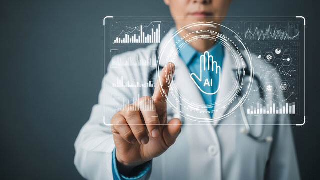 Doctor interacting with artificial intelligence virtual interface and medical data charts
