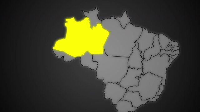 Amazonas State Highlighted in Yellow on Brazil Map Dark Background Animation